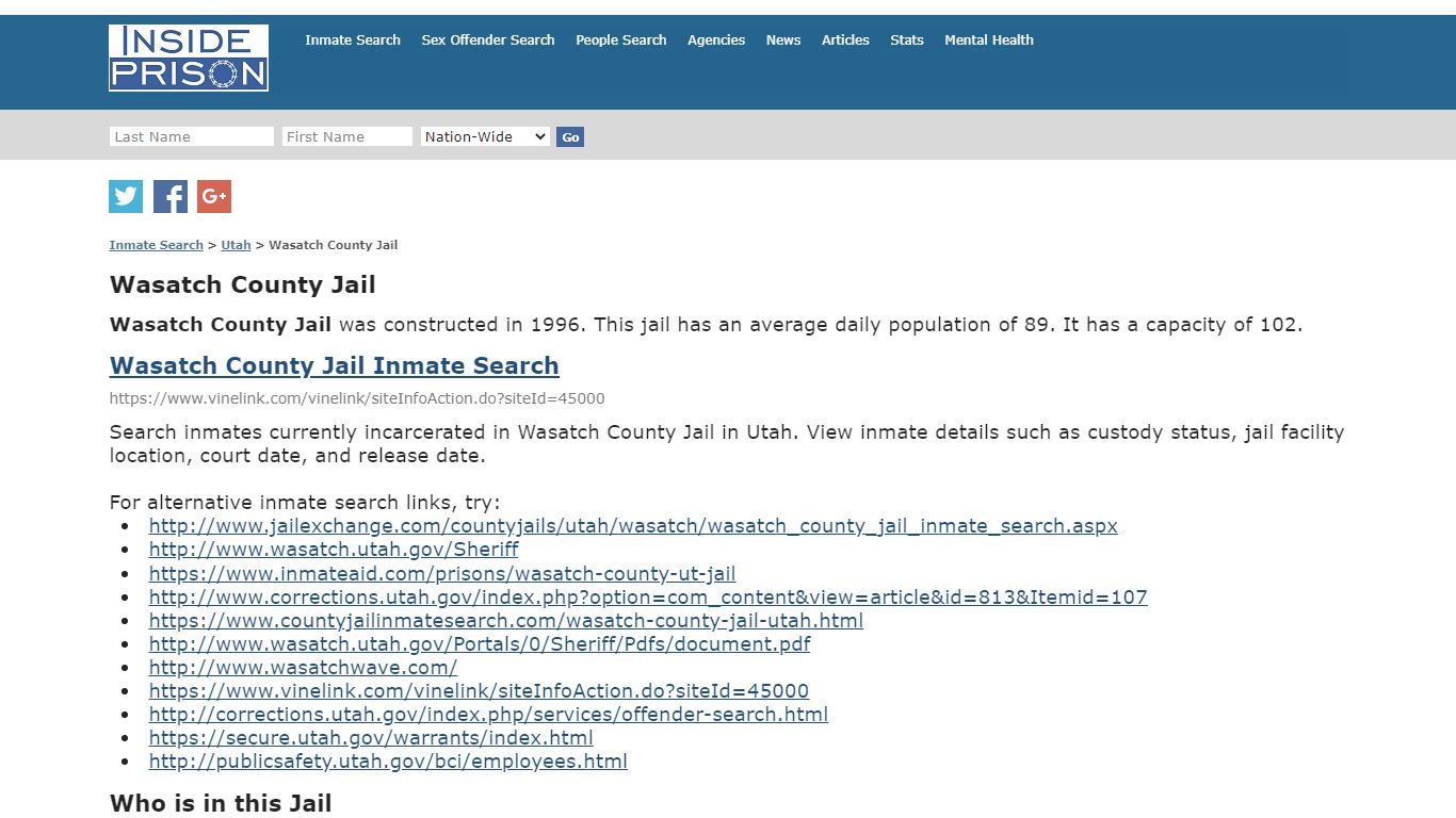 Wasatch County Jail - Utah - Inmate Search